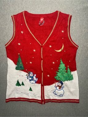 Vintage Red Snowmen In Field Ugly Christmas Sweater Vest (2000s) Size Large